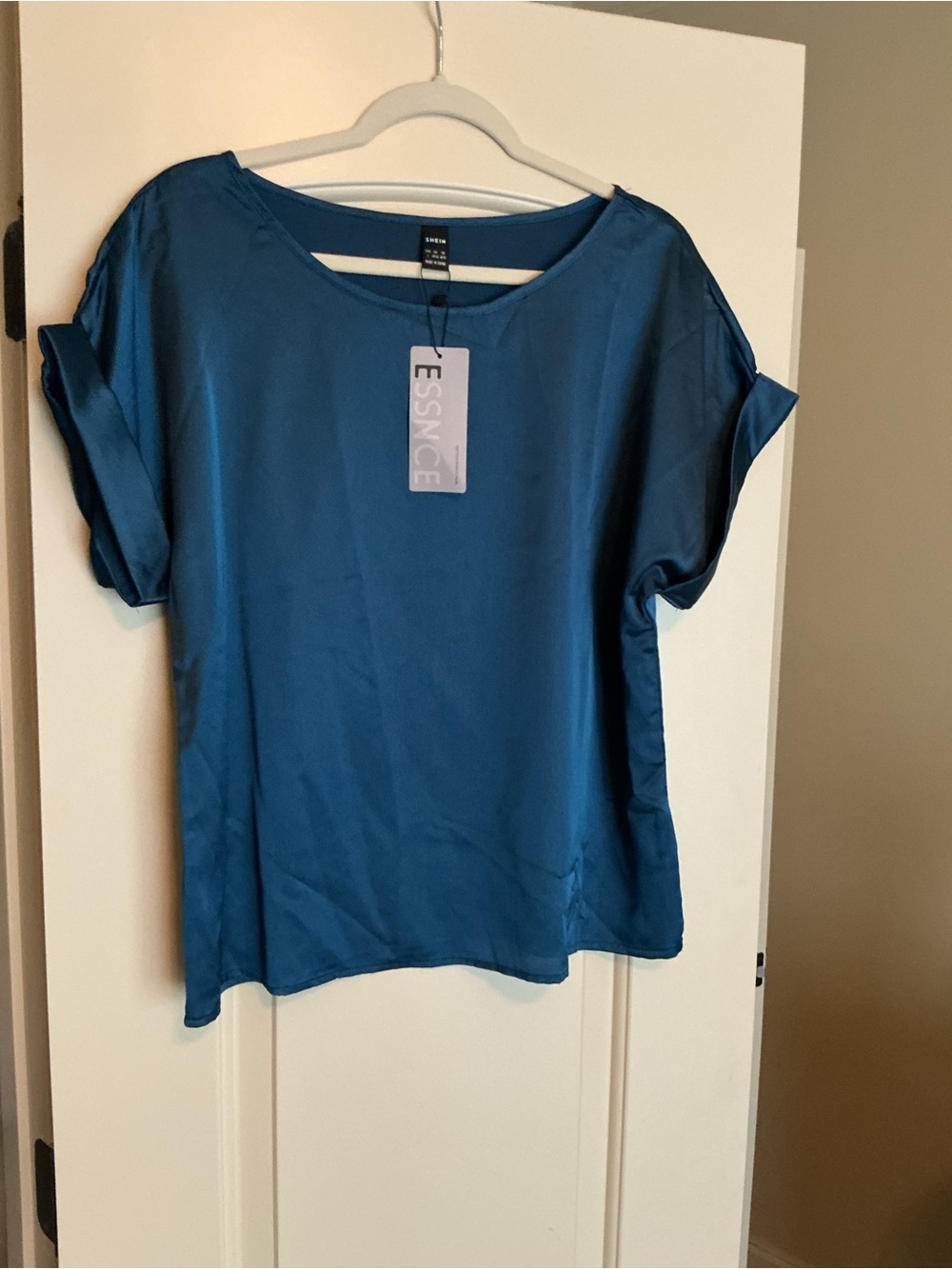 SHEIN Teal Short Sleeve Satin Blouse